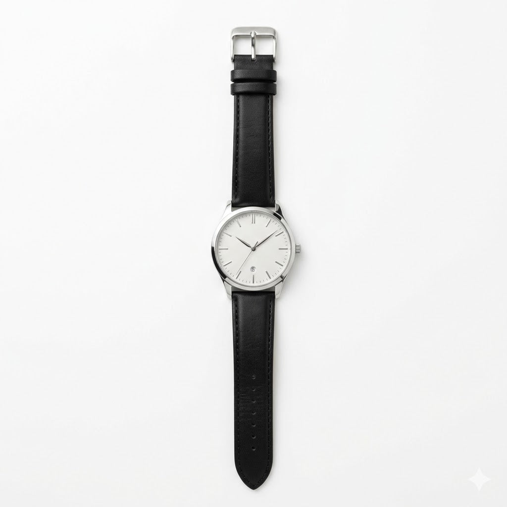 Classic Silver Watch with Black Leather Strap